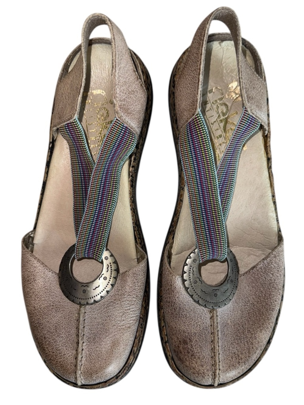 Rieker Comfort Leather Slingback Flats in Taupe with Multicolor Accent 37
